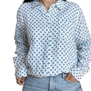 L.L. Bean 100% Linen button down blue flower print pocket lightweight sz L pet